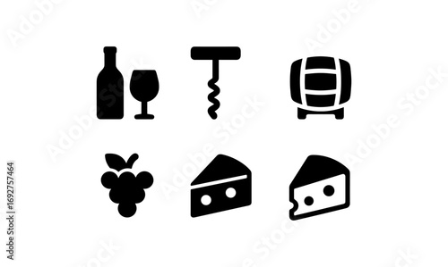Wine and cheese silhouette icons featuring grapes, corkscrew, and barrel