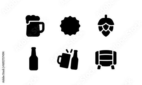 Minimalist beer icons set: pints, bottles, hops, and barrels