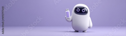A cute robot character holds a smartphone, set against a soft purple background that gives a modern, playful vibe with space for text, cute programmer robot