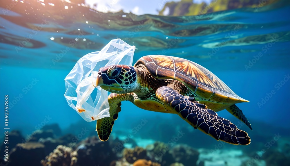 Fototapeta premium Sea turtle entangled in plastic (3)