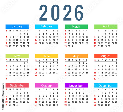Calendar 2026, calendar week start on Sunday - vector