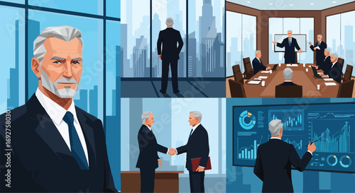 Senior business leader leading corporate team in modern office executive meeting strategy finance analysis success