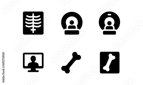 Medical imaging icons: x-ray, mri, ct scan, and bone graphics in silhouette style