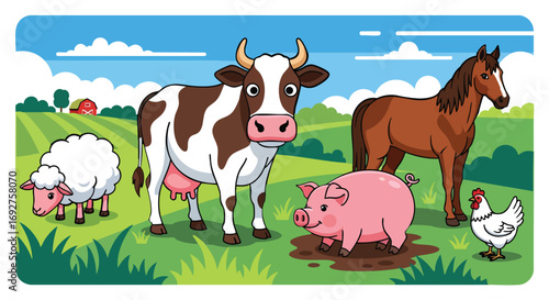 Cute cartoon farm animals gathered together in green pasture cow sheep pig horse chicken barn