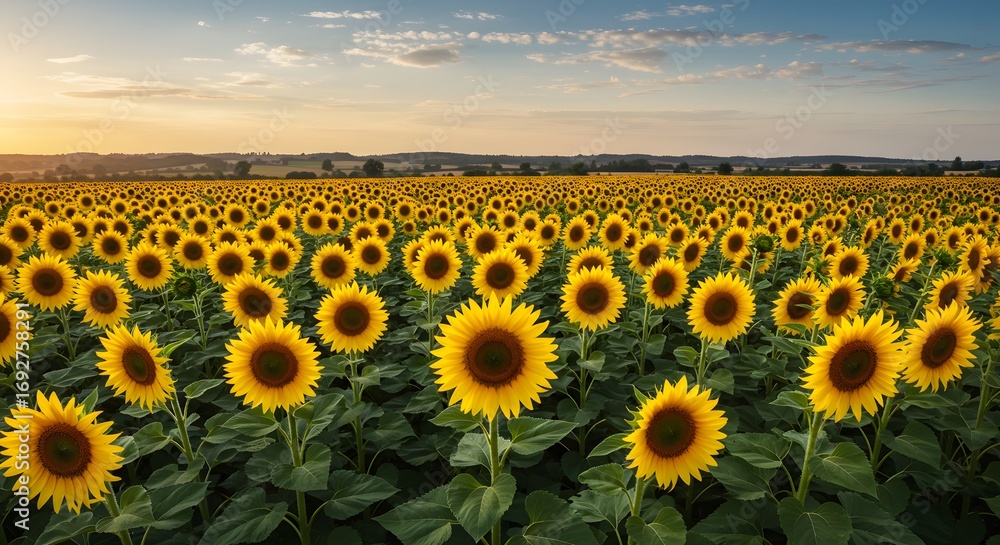 Obraz premium Sunflowers field at sunset