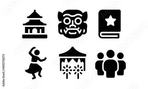 Cultural icons collection: pagoda, mask, book, dance, tent, people silhouette symbols