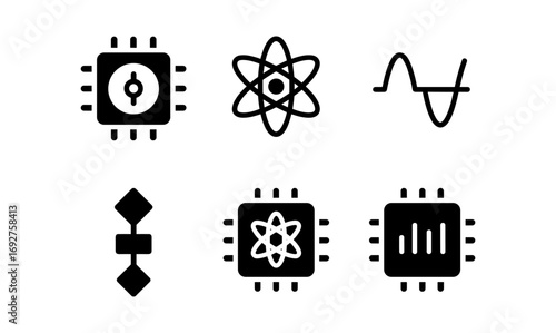 Technology icons: simplified circuit, atom, wave, and microchip symbols in black and white