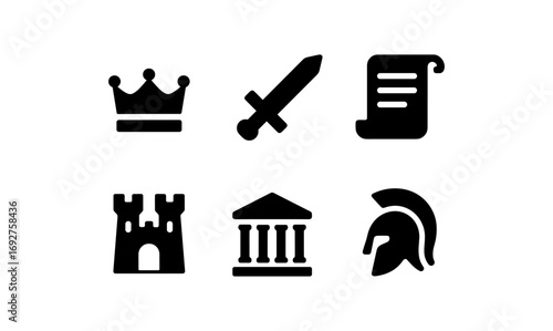 Classic medieval icons set: crown, sword, scroll, castle, temple, helmet