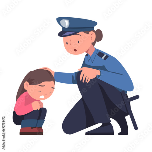Lost Child with Woman Police Officer Vector Illustration