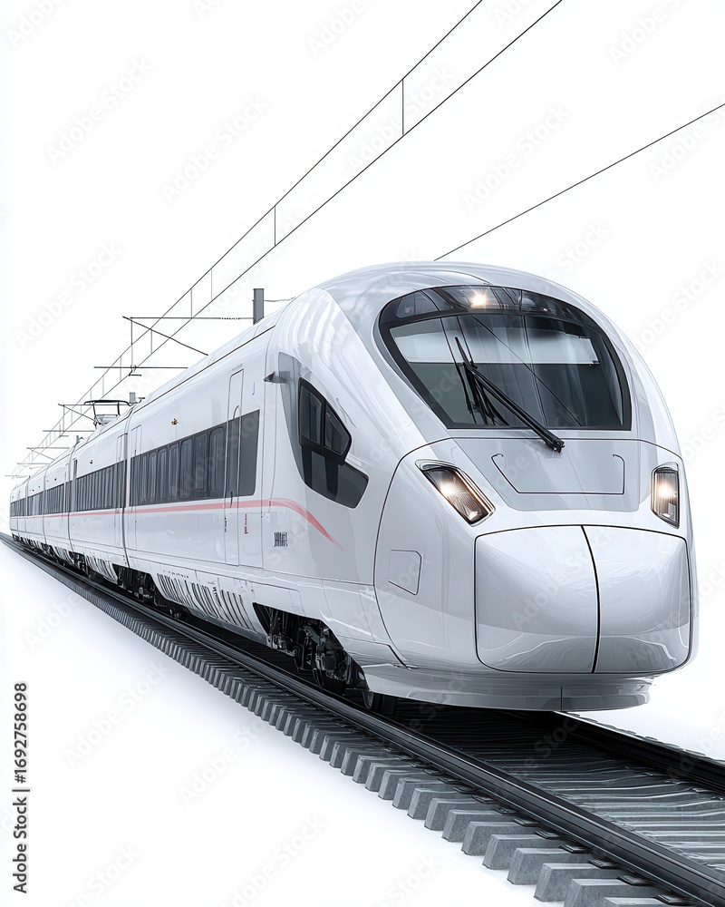 Fototapeta premium Train nose on steel path showing high speed network, advanced rail design 
