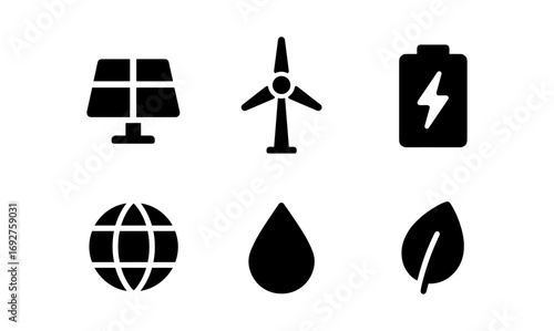 Renewable energy and sustainability icons set: solar, wind, battery, global, water, leaf