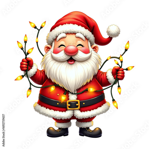 Cute Santa Claus holding glowing Christmas lights, festive holiday illustration with cheerful character and bright decorations on white background