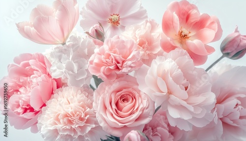 Exquisite Blooms In Soft Pink: Peonies, Roses, Ranunculus, Tulips, Carnations, Lisianthus, Hydrangea In Stunning Floral Arrangement. A Feast For The Eyes.