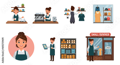 Cartoon vector illustrations diverse small business owner jobs services Retail Cafe Boutique Barista Management Inventory Shopkeeping