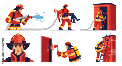 Brave firefighters performing heroic duties extinguishing fires and rescuing people Action Emergency Vector Safety Occupation