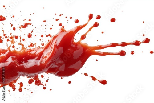 Red Tomato ketchup splash flying in air isolated on white background. Floating splash of ketchup sauce. Ketchup splash flying in air, isolated. Ketchup splash flying in air, isolated.
