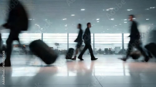 People walk hurry up airport terminal hold suitcases, waiting room. Passenger travel departure lounge background. Airplanes on runway, planes ready takeoff, flight trip.