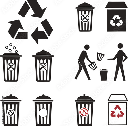 Recycling and Waste Management Icons Minimalist Black and White Vector Set