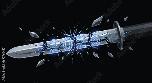 Broken sword revealing glowing 2026 with electric cracks new year future challenge power vector graphic game shattered