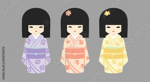 Adorable traditional Japanese Kokeshi dolls vector illustration on grey background Japan culture minimal flat design cartoon graphic asian traditional