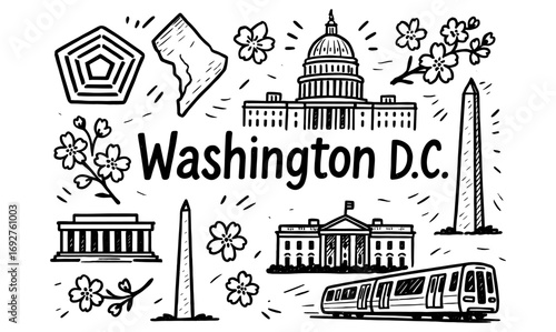 Washington d.c. icons: hand-drawn landmarks and symbols in black and white