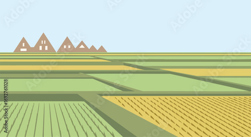 Isometric minimalist rural landscape geometric fields houses vector agriculture farmland green yellow crop flat design