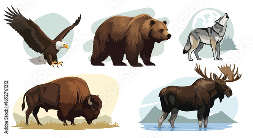 North American Wild Animals Flat Design Vector Illustration Set Eagle Bear Wolf Bison Moose Wildlife Nature Icons Cartoon Isolated Collection