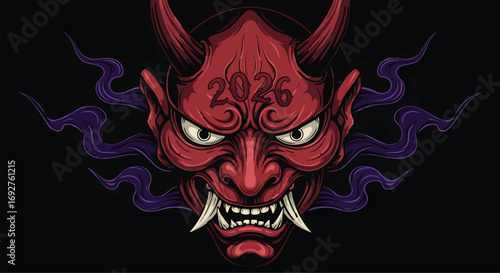 Fierce Japanese red Oni demon mask with 2026 numbers vector illustration Hannya mask tattoo traditional mythology culture horror dark monster evil mystic