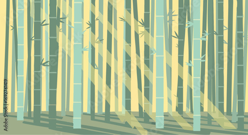 Stylized bamboo forest with sunlight rays and tranquil shadows vector green nature light oriental graphic illustration peaceful abstract