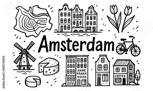 Charming amsterdam icons: tulips, windmill, and canal houses in hand-drawn style