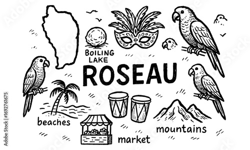 Dominica roseau travel doodle: landmarks, wildlife, markets, and natural beauty