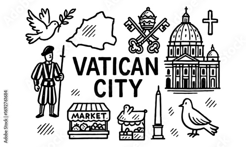 Vatican city icons: st. peter's basilica, swiss guard, peace dove, market stalls