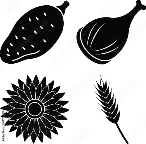 Illustration isolated on white background showcasing a sweet potato, chicken leg, sunflower, and wheat stalk in black silhouette