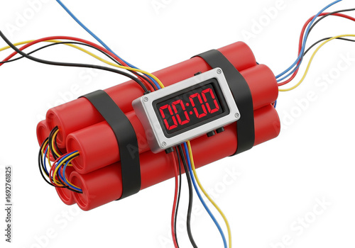Fototapeta Red dynamite sticks bundle with digital timer and exploding wires on a dark surface