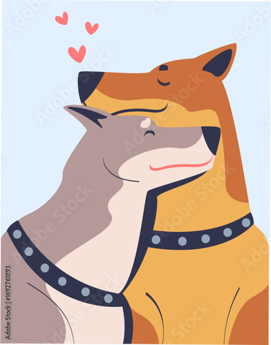 Happy Lover Dog Animal Couple Cuddle Together Vector Illustration