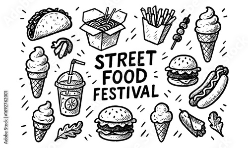 Hand drawn street food festival with burgers, ice cream, and more