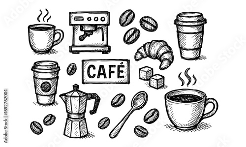 Hand drawn coffee shop elements featuring cups, coffee beans, and cafe sign
