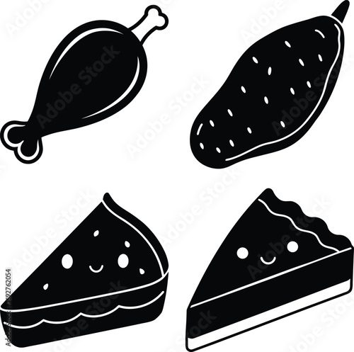 Illustration of a chicken leg, sweet potato, and two slices of pie isolated on white background