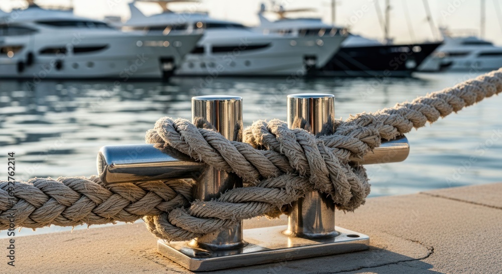 Fototapeta premium A mooring rope tied tight at a yacht harbor
