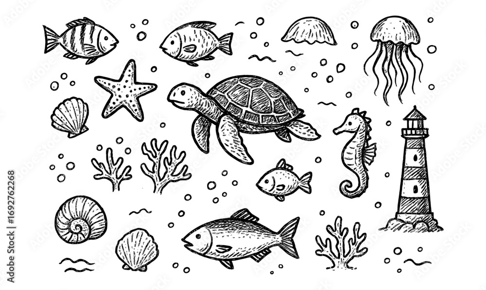 Fototapeta premium Hand-drawn marine life set: sea turtle, fish, coral, and underwater elements