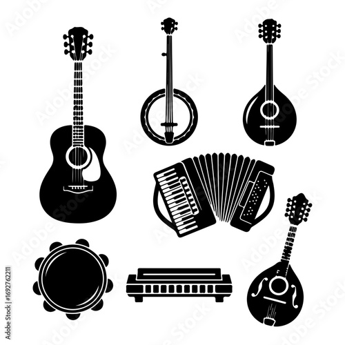 Silhouette of Musical Instruments Guitar, Banjo, Mandolin, Accordion, Harmonica and Tambourine