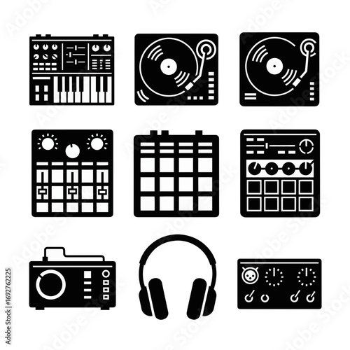 An iconic collection of essential DJ and music production equipment silhouettes designed for electronic sound creation