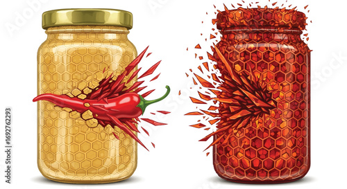Spicy red chili pepper breaking golden honey jar illustration hot sweet contrast food concept shattering explosion