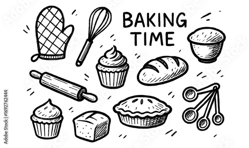 Hand drawn baking elements with kitchen utensils and baked goods theme