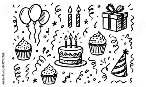 Hand drawn birthday celebration elements with cake and decorations