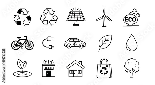 Collection of eco-friendly icons representing renewable energy, sustainability, and a green lifestyle