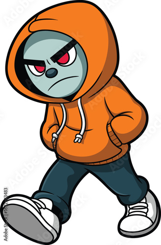 Angry cartoon character in orange hoodie, walking with attitude, street style, urban fashion, expressive face, cool kid, modern youth, casual outfit illustration