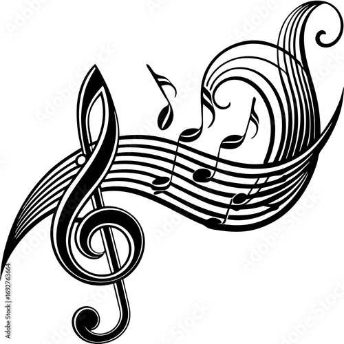Vintage tribal style treble clef vector illustration with a fish and water waves for a sea animal tattoo design