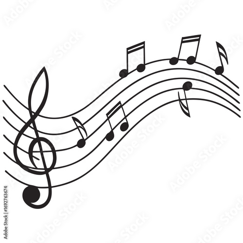 Vector illustration of musical notes and clef symbols on a black and white staff
