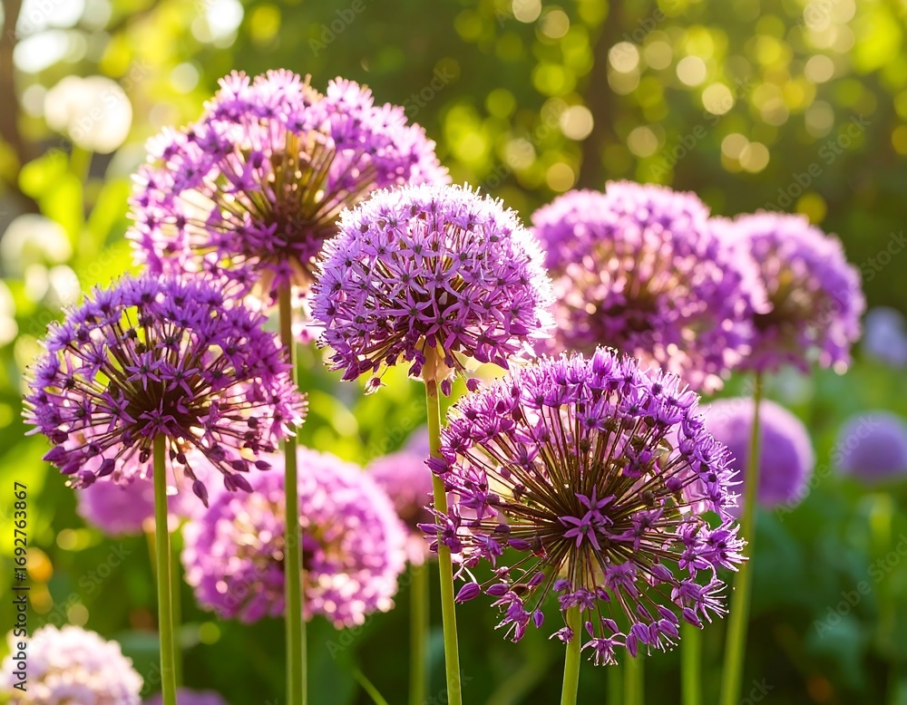 Fototapeta premium Cluster of purple allium flowers in sunlight